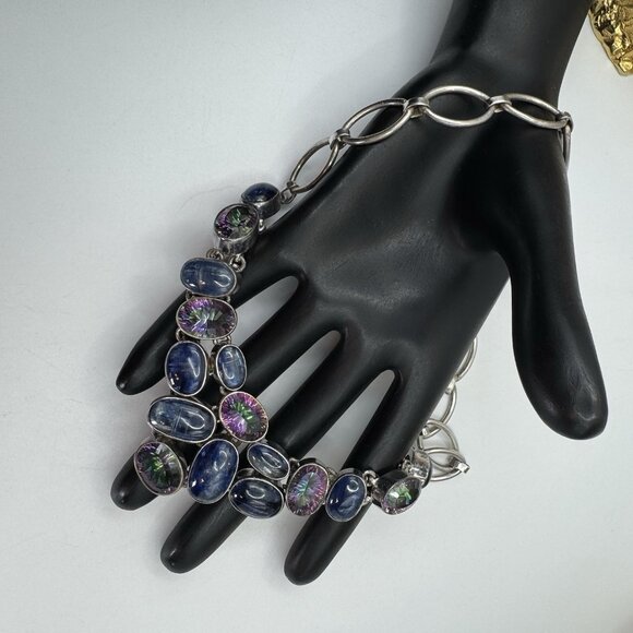 Sterling Silver Statement Labradorite Bib Necklace W/Blue Topaz By Silver Rush - Picture 9 of 10